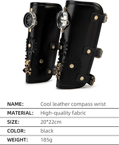 قطعة واحدة من واقي المعصم Steampunk Compass - معصم PU قابل للتعديل من عصر النهضة للحفلات التنكرية والأزياء والأزياء القوطية (أسود) (مفرد) in Saudi Arabia