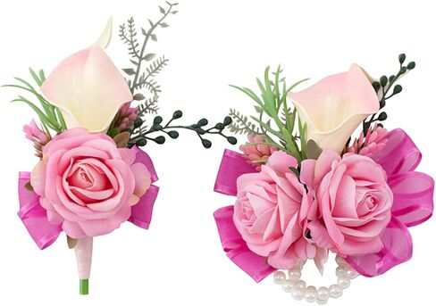 Soft Rose Pink Corsage and Boutonniere Set for Wedding Prom, Artificial Calla Lily Rose Flower Wrist Corsage Bracelets, Homecoming Wristlet, Boutonniere for Men Suit Decorations in Kuwait