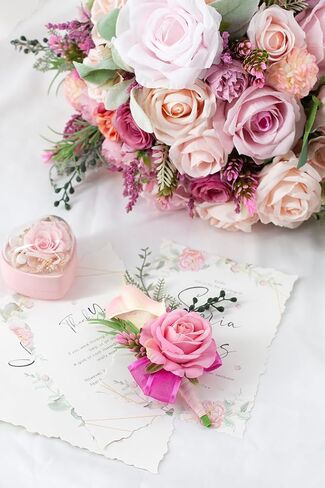 Soft Rose Pink Corsage and Boutonniere Set for Wedding Prom, Artificial Calla Lily Rose Flower Wrist Corsage Bracelets, Homecoming Wristlet, Boutonniere for Men Suit Decorations in Kuwait
