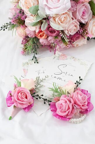Soft Rose Pink Corsage and Boutonniere Set for Wedding Prom, Artificial Calla Lily Rose Flower Wrist Corsage Bracelets, Homecoming Wristlet, Boutonniere for Men Suit Decorations in Kuwait
