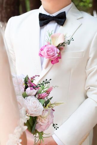 Soft Rose Pink Corsage and Boutonniere Set for Wedding Prom, Artificial Calla Lily Rose Flower Wrist Corsage Bracelets, Homecoming Wristlet, Boutonniere for Men Suit Decorations in Kuwait
