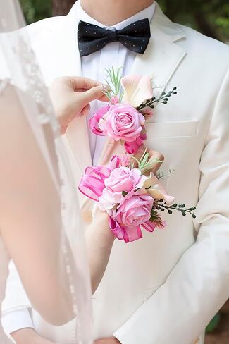 Soft Rose Pink Corsage and Boutonniere Set for Wedding Prom, Artificial Calla Lily Rose Flower Wrist Corsage Bracelets, Homecoming Wristlet, Boutonniere for Men Suit Decorations in Kuwait