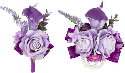 Soft Rose Pink Corsage and Boutonniere Set for Wedding Prom, Artificial Calla Lily Rose Flower Wrist Corsage Bracelets, Homecoming Wristlet, Boutonniere for Men Suit Decorations in Kuwait