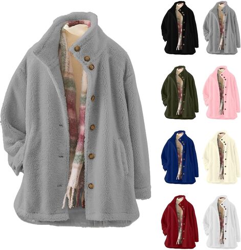 Womens Fuzzy Fleece Jackets Sherpa Jacket Button Down Stand Collar Coats with Pockets Teddy Coat Fall Casual Outerwear in Saudi Arabia