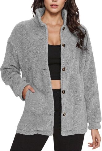 Womens Fuzzy Fleece Jackets Sherpa Jacket Button Down Stand Collar Coats with Pockets Teddy Coat Fall Casual Outerwear in Saudi Arabia