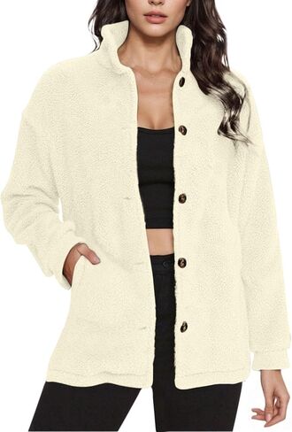 Womens Fuzzy Fleece Jackets Sherpa Jacket Button Down Stand Collar Coats with Pockets Teddy Coat Fall Casual Outerwear in Saudi Arabia