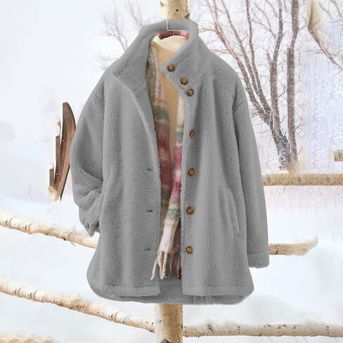 Womens Fuzzy Fleece Jackets Sherpa Jacket Button Down Stand Collar Coats with Pockets Teddy Coat Fall Casual Outerwear in Saudi Arabia