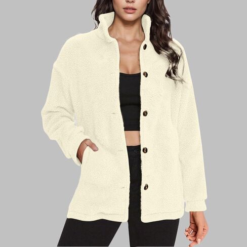 Womens Fuzzy Fleece Jackets Sherpa Jacket Button Down Stand Collar Coats with Pockets Teddy Coat Fall Casual Outerwear in Saudi Arabia