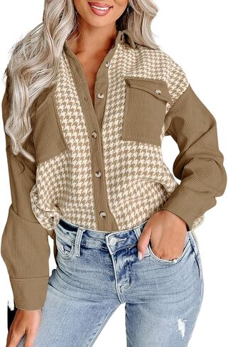 Dokotoo Womens Corduroy Color Block Button Down Shirts Casual V Neck Plaid Long Sleeve Oversized Blouses Tops in Saudi Arabia