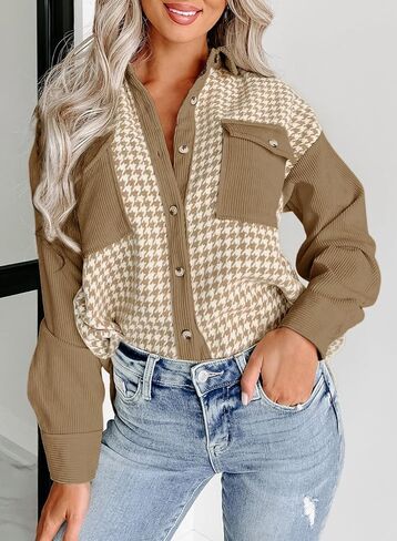 Dokotoo Womens Corduroy Color Block Button Down Shirts Casual V Neck Plaid Long Sleeve Oversized Blouses Tops in Saudi Arabia