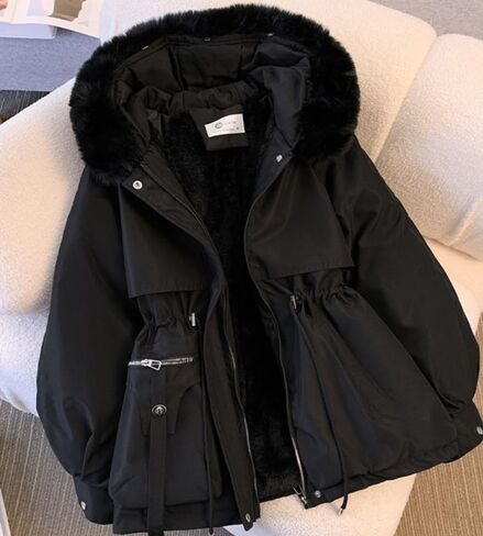 سترة نسائية لطيفة صلبة متوسطة الطول سترة شتوية مقاومة للطقس معطف ثلج دافئ ناعم وسميك in Kuwait