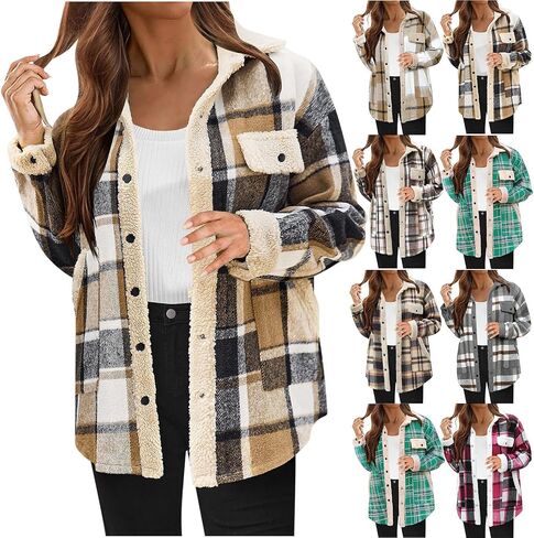 Womens Casual Shacket 2025 Fashion Flannel Plaid Shirts Long Sleeve Button Down Jacket Fall Outwear Coats in Saudi Arabia