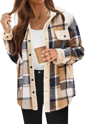 Womens Casual Shacket 2025 Fashion Flannel Plaid Shirts Long Sleeve Button Down Jacket Fall Outwear Coats in Saudi Arabia