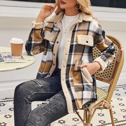 Womens Casual Shacket 2025 Fashion Flannel Plaid Shirts Long Sleeve Button Down Jacket Fall Outwear Coats in Saudi Arabia