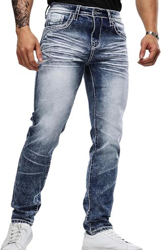 Men's Rough Thread Classic Embroidery Slim Four Seasons Stretch Jeans in Kuwait