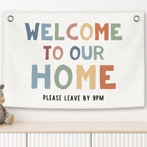 Funny Welcome to Our Home Banner, Colorful Kids Door Room Decor, Nursery Canvas Flag Wall Hanging Decor Art for Hallway Entrance Playroom Toddler Room 20x30in in Saudi Arabia