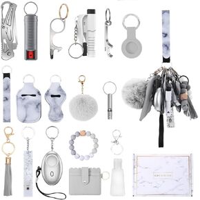 مجموعة سلاسل مفاتيح أمان مطورة للنساء، منبه شخصي، حزام معصم، حامل بطاقات، بوم بوم، مجموعة سلاسل مفاتيح للنساء والفتيات (17 قطعة، رمادي) in Kuwait