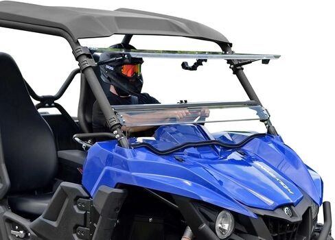 SuperATV مقاوم للخدش 3 في 1 زجاج أمامي قابل للطي لـ 2015-2018 Yamaha Wolverine، مفتوح، مزود بفتحات تهوية أو مغلق بالكامل، 1/4 بوصة بولي كربونات أقوى 250 مرة من الزجاج، صنع في الولايات المتحدة الأمريكية in Saudi Arabia