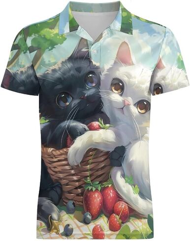 Cute Two Happy Cats Men's Polo Shirt Short Sleeve T Shirt Casual Summer Golf Shirt Athletic Top in Saudi Arabia