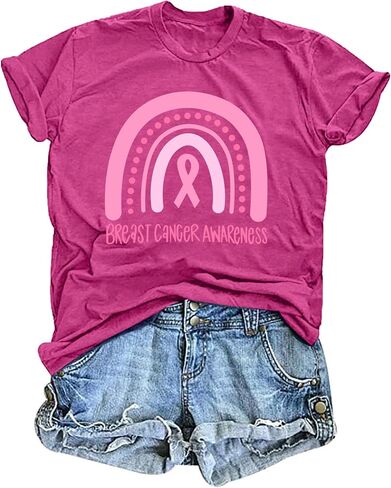Breast Cancer Awareness Shirts Women: Pink Ribbon T-Shirt Rainbow Graphic Cancer Tee Inspiration Tops in Saudi Arabia