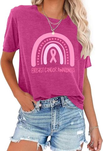Breast Cancer Awareness Shirts Women: Pink Ribbon T-Shirt Rainbow Graphic Cancer Tee Inspiration Tops in Saudi Arabia