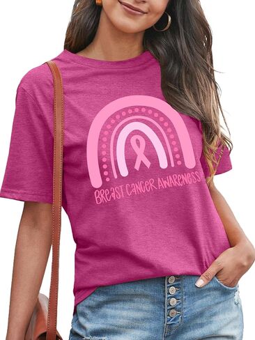 Breast Cancer Awareness Shirts Women: Pink Ribbon T-Shirt Rainbow Graphic Cancer Tee Inspiration Tops in Saudi Arabia