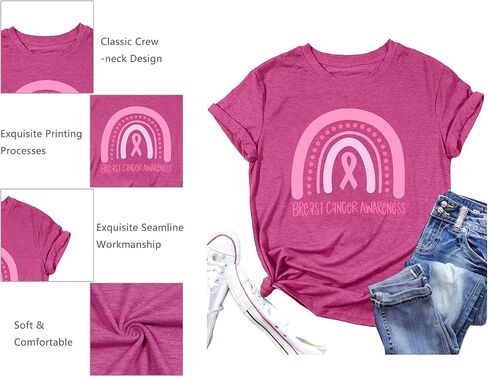 Breast Cancer Awareness Shirts Women: Pink Ribbon T-Shirt Rainbow Graphic Cancer Tee Inspiration Tops in Saudi Arabia
