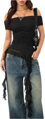 SOLY HUX Women's Off The Shoulder T Shirt Cap Sleeve Ruffle Asymmetrical Hem Ruched Tee Y2k Summer Tops in Saudi Arabia