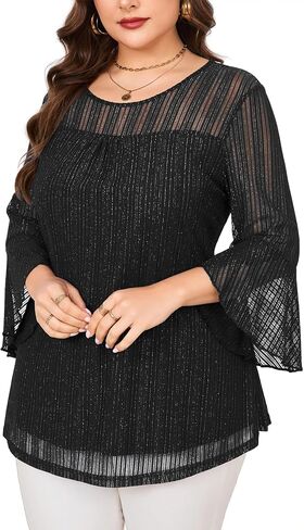 ZOMVA Women's Plus Size Ruffle 3/4 Sleeve Blouses Casual Elegant Dressy Crew Neck Double Layers Sparkly Mesh Tunic Tops in Saudi Arabia