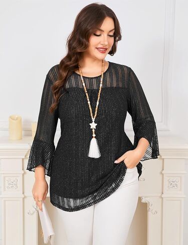 ZOMVA Women's Plus Size Ruffle 3/4 Sleeve Blouses Casual Elegant Dressy Crew Neck Double Layers Sparkly Mesh Tunic Tops in Saudi Arabia