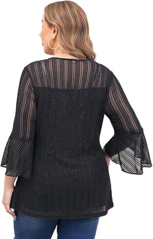 ZOMVA Women's Plus Size Ruffle 3/4 Sleeve Blouses Casual Elegant Dressy Crew Neck Double Layers Sparkly Mesh Tunic Tops in Saudi Arabia