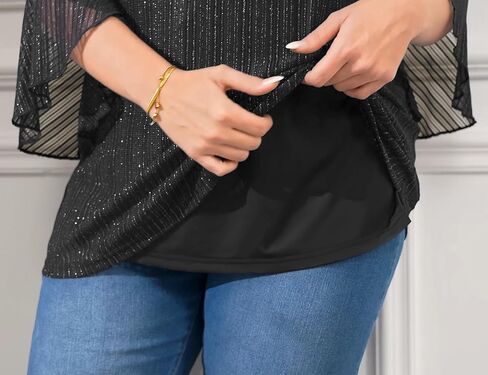 ZOMVA Women's Plus Size Ruffle 3/4 Sleeve Blouses Casual Elegant Dressy Crew Neck Double Layers Sparkly Mesh Tunic Tops in Saudi Arabia