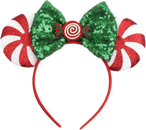 Kiddale Christmas Mouse Ear Headband for Women Girl,Peppermint Candy Glitter Hair Hoop Headwear Accessories for Christmas Party Park Trip Decorations in Saudi Arabia