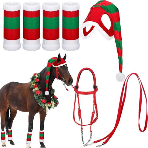 6 Pcs Christmas Horse Accessory Xmas Santa Elf Horse Hat Christmas Santa Horse Leg Wrap with Faux Fur Trim Adjustable Nylon Horse Halter Santa Halter for Christmas Horse Costume Accessories in Saudi Arabia