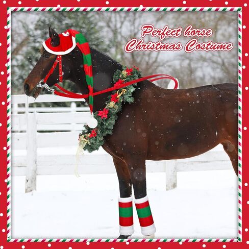 6 Pcs Christmas Horse Accessory Xmas Santa Elf Horse Hat Christmas Santa Horse Leg Wrap with Faux Fur Trim Adjustable Nylon Horse Halter Santa Halter for Christmas Horse Costume Accessories in Saudi Arabia