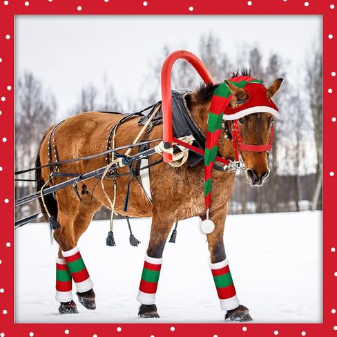 6 Pcs Christmas Horse Accessory Xmas Santa Elf Horse Hat Christmas Santa Horse Leg Wrap with Faux Fur Trim Adjustable Nylon Horse Halter Santa Halter for Christmas Horse Costume Accessories in Saudi Arabia