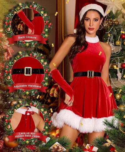 RSLOVE Christmas Lingerie for Women - Sexy Santa Outfits Halter Neck Dress 4PCS Red Costume with Belt Long Gloves in Saudi Arabia
