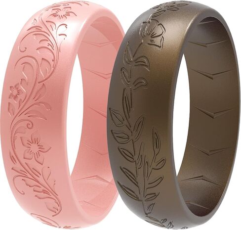 2/4/6 Packs Silicone Rings for Women – Soft & Elegant with Laser-Engraved Floral Vines. Breathable, Comfort-First Design. Stackable, Lightweight Rubber Wedding Bands & Engagement Rings. in Saudi Arabia