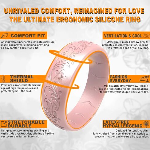 2/4/6 Packs Silicone Rings for Women – Soft & Elegant with Laser-Engraved Floral Vines. Breathable, Comfort-First Design. Stackable, Lightweight Rubber Wedding Bands & Engagement Rings. in Saudi Arabia