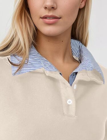 Womens Long Sleeve Polo Shirt 2 in 1 Button Down Collared Patchwork Pullover Top Casual Loose Contrast Fall Outfits in Saudi Arabia
