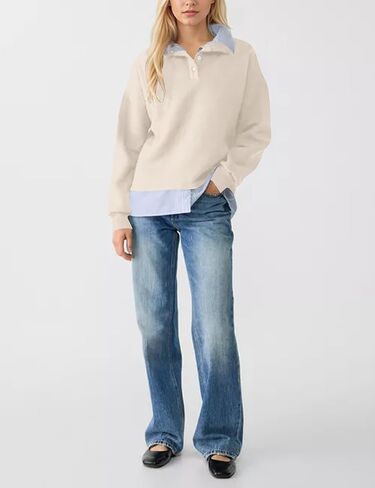 Womens Long Sleeve Polo Shirt 2 in 1 Button Down Collared Patchwork Pullover Top Casual Loose Contrast Fall Outfits in Saudi Arabia