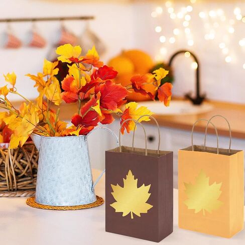 Whaline 24 Pcs Fall Theme Gift Bags Reusable Colorful Treat Bags with Gold Maple Leaf Grocery Shopping Kraft Paper Bags Candy Goodies Bags for Autumn Holiday Wedding Birthday Party Favors Supplies in Saudi Arabia