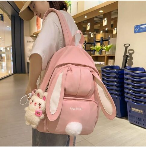 Kawaii Bunny Ear Backpack for Girls Teen Women School Daypack for Travel Bookbag with Cute Pendant (Pink) in Kuwait