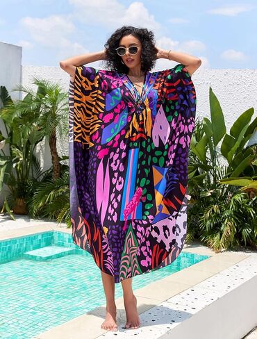 Plus Size Kaftan Dresses for Women Loose Batwing Sleeve Bathing Suit Cover Up Lightweight Loungewear in Kuwait