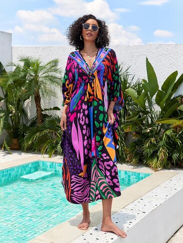 Plus Size Kaftan Dresses for Women Loose Batwing Sleeve Bathing Suit Cover Up Lightweight Loungewear in Kuwait