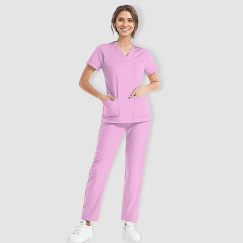 طقم سكرابز للنساء - توب سكراب مطاطي وسروال كارجو مع جيوب، طقم زي التمريض ملابس عمل بقصة ضيقة in Kuwait