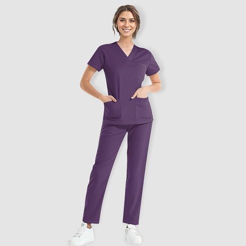 طقم سكرابز للنساء - توب سكراب مطاطي وسروال كارجو مع جيوب، طقم زي التمريض ملابس عمل بقصة ضيقة in Kuwait