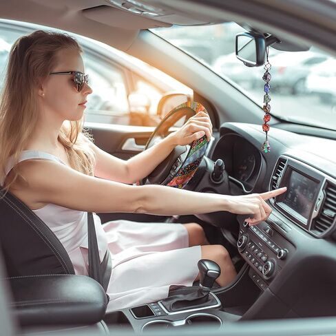 مجموعة إكسسوارات السيارة ماندالا مكونة من 6 قطع - غطاء عجلة القيادة بوهو، قواعد سيراميك ماندالا الماصة، زخارف معلقة مصنوعة يدويًا من الكريستال لتزيين السيارة للنساء in Kuwait