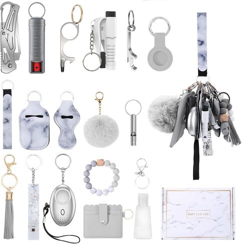 مجموعة سلاسل مفاتيح أمان مطورة للنساء، منبه شخصي، حزام معصم، حامل بطاقات، بوم بوم، مجموعة سلاسل مفاتيح للنساء والفتيات (17 قطعة، رمادي) in Kuwait