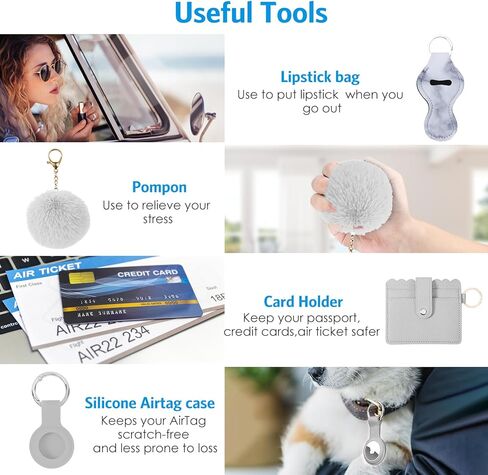 مجموعة سلاسل مفاتيح أمان مطورة للنساء، منبه شخصي، حزام معصم، حامل بطاقات، بوم بوم، مجموعة سلاسل مفاتيح للنساء والفتيات (17 قطعة، رمادي) in Kuwait